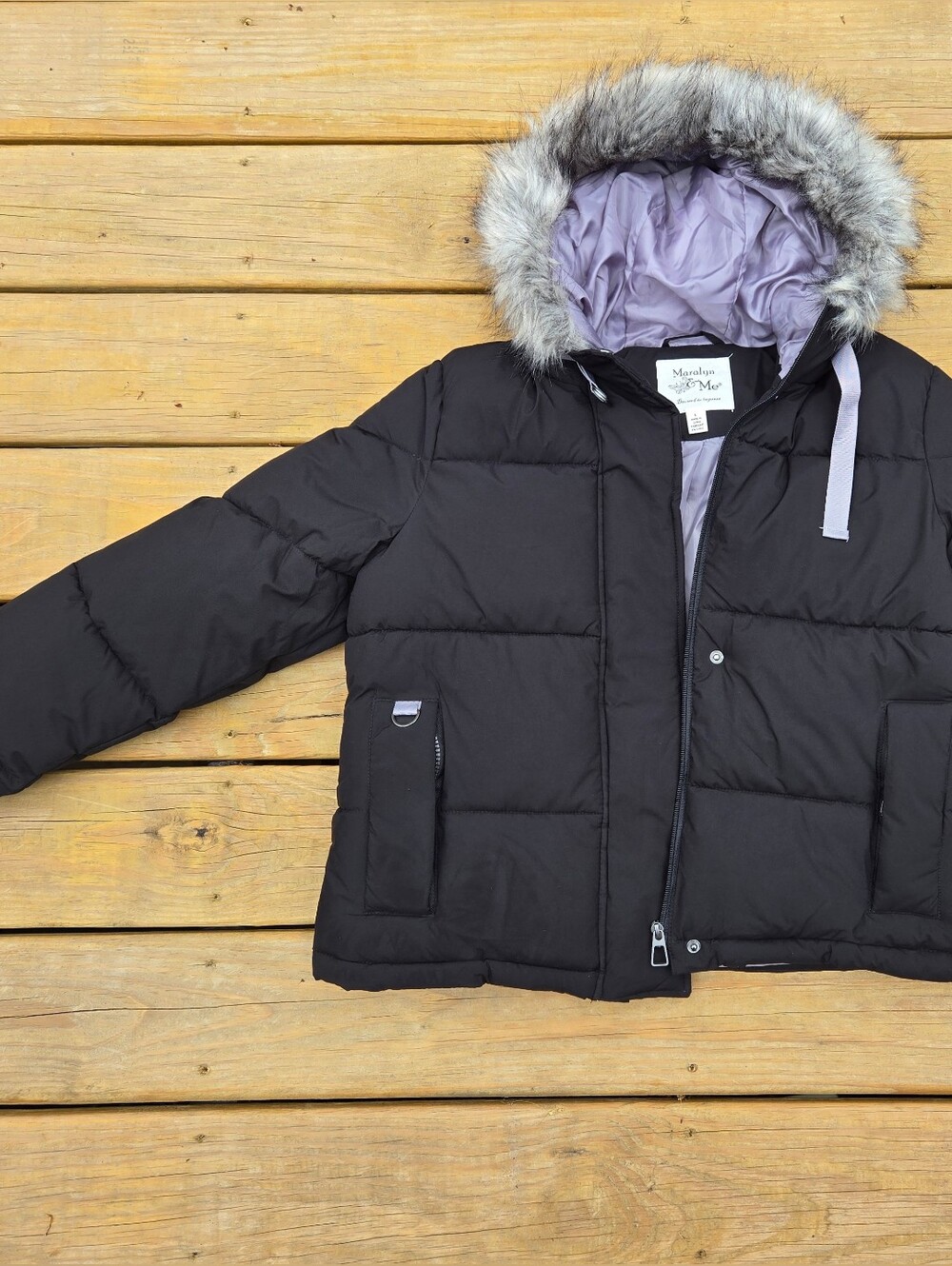 Maralyn & Me Black Puffer Jacket with Faux Fur-Trimmed Hood